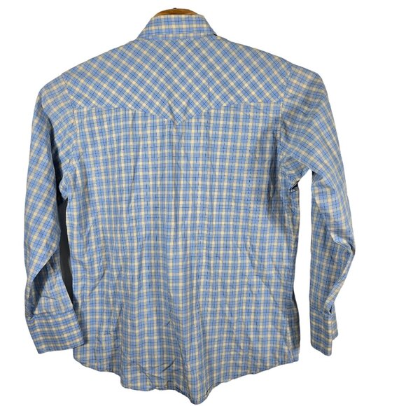 Wrangler Western Pearl‎ Snap Shirt Large Men's Long Sleeve Blue Tan Plaid - Picture 3 of 5